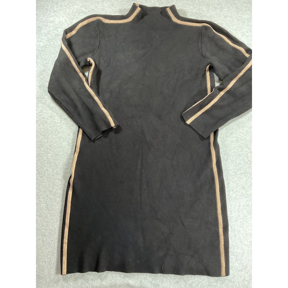 Saks Fifth Avenue Black Tan Stripe Mock Neck Long Sleeve Dress Large 2255